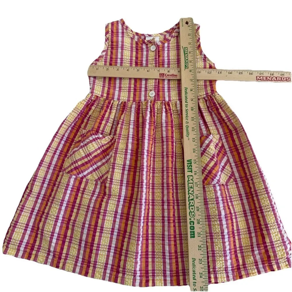 VTG Healthtex Dress Girls Pink Yellow Orange Plaid Seersucker 100% Cotton Sz 6